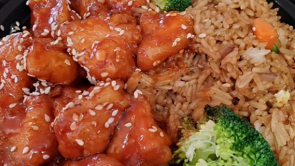 Sesame Chicken · Breaded and deep-fried sliced chicken served with a special tangy sauce.