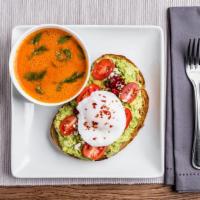 Avocado Toast · Avocado Mash, Tahini, Feta Cheese, Tomatoes, Pomegranate, Olive Oil, Salt, Pepper on a Whole...