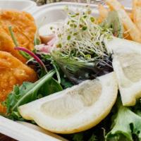 Fish & Chips · 3 golden vegan fish pieces served over extra crispy french fries with mixed greens, sprouts,...