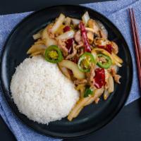 Pepper Steak With Onion · Stir fried steak with vegetables and a savory sauce.
