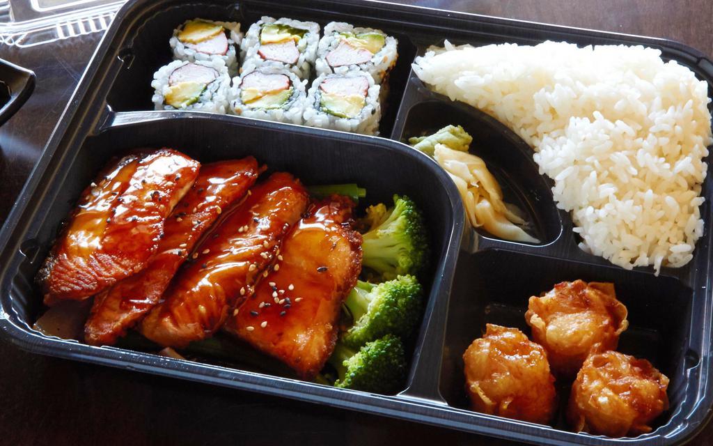 Salmon Teriyaki Bento Box · Served with miso soup, shrimp tempura roll, shumai and white rice.