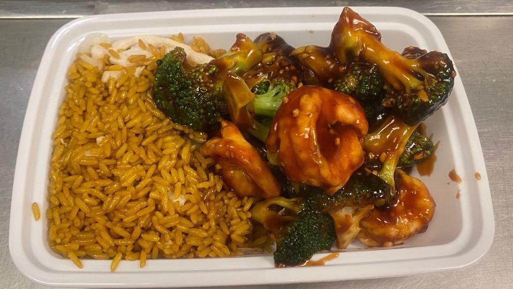 Steamed Shrimp With Broccoli.. · Prepared with scallion garlic ginger and wine. served with white rice. served without salt sugar corn starch & msg.