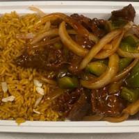 Pepper Steak · Served with chicken fried rice and egg roll or 2 pieces of crab rangoons.