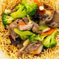 Cs10. House Special Pan-Fried Noodles · Served with white rice. Shrimp, chicken, and beef with mixed vegetables served on top of cri...