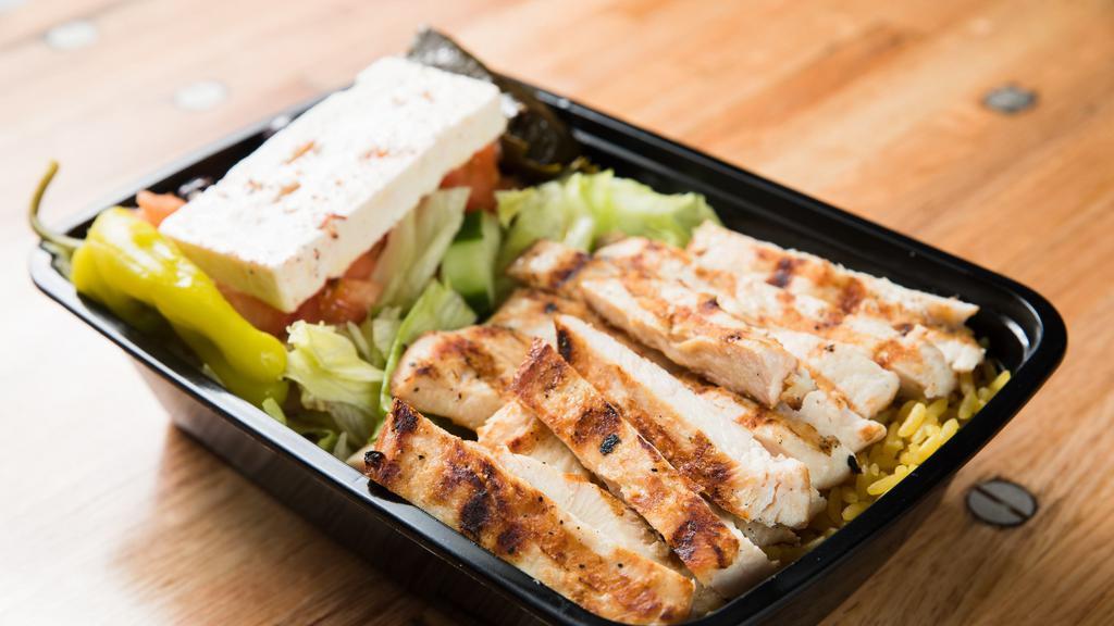 Chicken Souvlaki Platter · Served with your choice of rice or french fries, salad, pita bread, and tzatziki sauce.