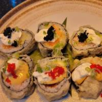 Volcano Roll · Smoked salmon, white fish, cheese, kani, masago, scallion, deep fried with special
