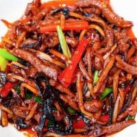 Shredded Pork W. Garlic &Chili Sauce 鱼香肉丝 · Ingredients: shredded pork, green& red pepper, garlic, ginger