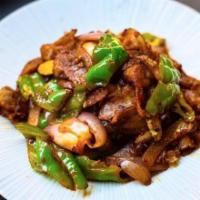 Double Cooked Pork Belly 回锅肉 · Ingredients: pork, garlic, black bean sauce, Szechuan pepper oil, chili oil, sesame oil