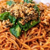 Dan Dan Noodles W. Minced Pork 担担面 · Ingredients: noodle, snow pea sprouts, sesame paste, sesame, chili oil