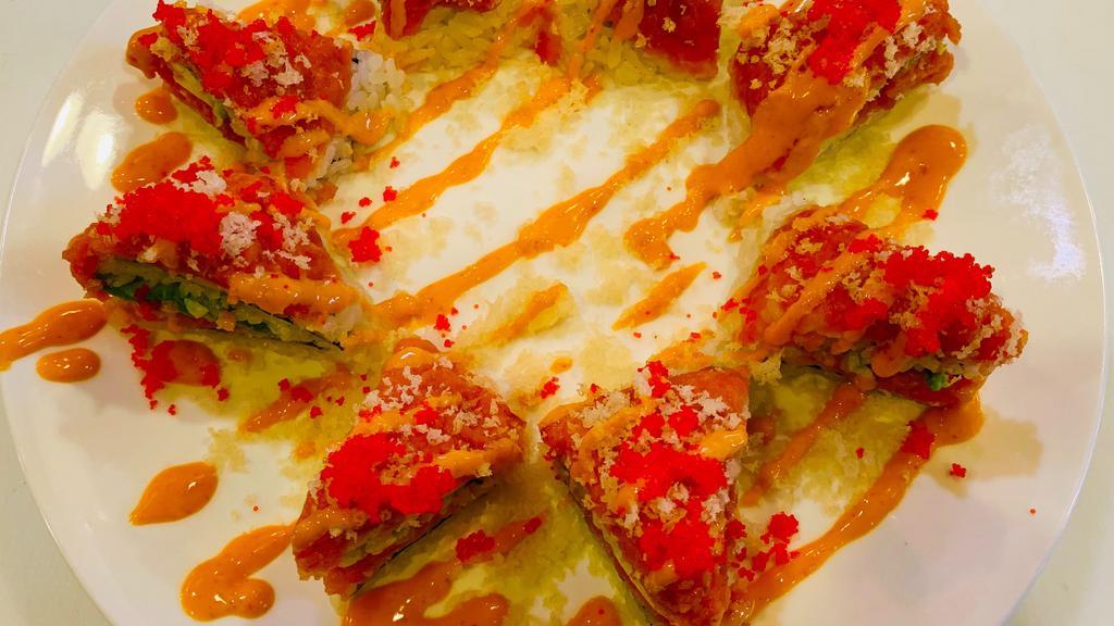 Sunny · Spicy tuna, avocado, crunch, topping masago with spicy mayo.