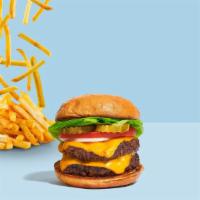 Cheesy Cheese Double Burger  · Two beef patties, lettuce, tomato, onion, mayo, and melted cheddar cheese on a warm classic ...