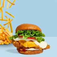 Cheeky Melts Fried Chicken Sandwich  · Cheddar, mozzarella, fried chicken breasts, lettuce, tomato, red onion, mayo, ketchup on a w...