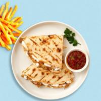 Quesadillas · Four cheeses wrapped in a grilled tortilla with pica de gallo.