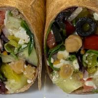 Salad Wrap · Feta, chickpeas, onions, cucumbers, olives, banana peppers, mixed greens, tomato with vinaig...