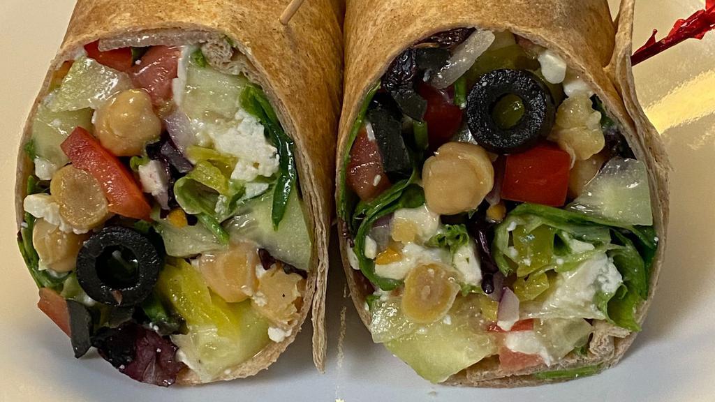 Salad Wrap · Feta, chickpeas, onions, cucumbers, olives, banana peppers, mixed greens, tomato with vinaigrette dressing.