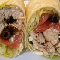 Greek Wrap · Grilled chicken, feta cheese, lettuce. Tomato, olives with Greek dressing.