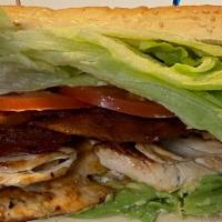 Chicken Club Classic Sandwiches · Grilled chicken, bacon, avocado, lettuce, tomato, mayo, on club roll.