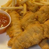 Chicken Tenders · Crispy chicken tenders served with French fries and your choice of dipping sauce.