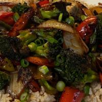 Stir Fry · Stir fry veggies with your choice of chicken, or vegetarian over brown rice.