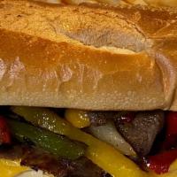 Philly Cheese Steak · Thin sliced beef, American cheese, sautéed onions and peppers on toasted club roll with side...