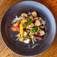Octopus · Charcoal-grilled, olive oil, lemon, hollandaise peppers, onions, capers.