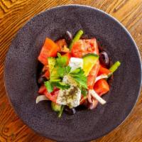 The Mediterranean Salad · Organic tomato, kumato tomato, onion, green pepper, cucumbers, black olives, feta cheese, ol...