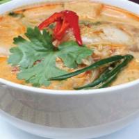 C4 - Tom Yam · Spicy sour soup with onion, garlic, cauliflower, cabbage, tomato, coconut milk, kaffir lime ...