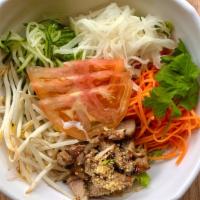 Vb 2. Grilled Chicken Vermicelli Bowl · Served with fish sauce and mixed vegetables. 닭고기 석쇠구이+ 버미셀리 국수.