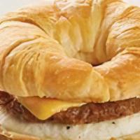 Sausage, Egg & Cheese Sandwich  · A Buttery Croissant with sausage, fried egg & cheese