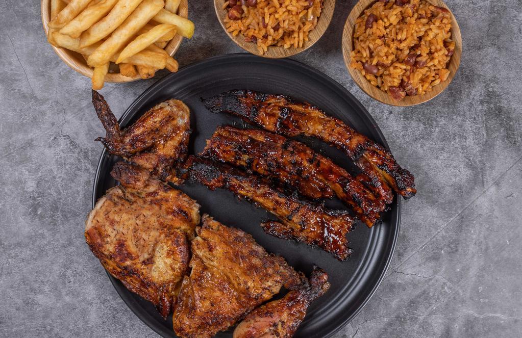 Family Pack 2 · 4 pieces chicken , 3 pieces of BBQ ribs, served with large side of rice and one large side of french fries