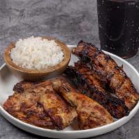 Chicken And Ribs Meal  · 2 Chicken pieces, 2 BBQ ribs served with one side large of rice and one can soda.
