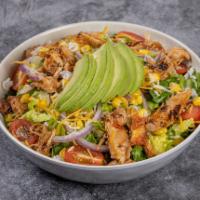 Chop Chop Bowl · Protein of your choice served with rice, beans, lettuce, cheese, corn, pico de gallo and sou...