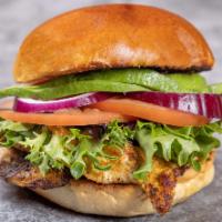 Chipotle Chicken Sandwich · Grilled chicken breast, red onion, avocado, tomato, lettuce, chipotle sauce.