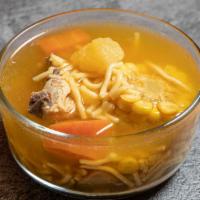 Chicken Soup · Soup with chicken, noodles and corn on the cob.