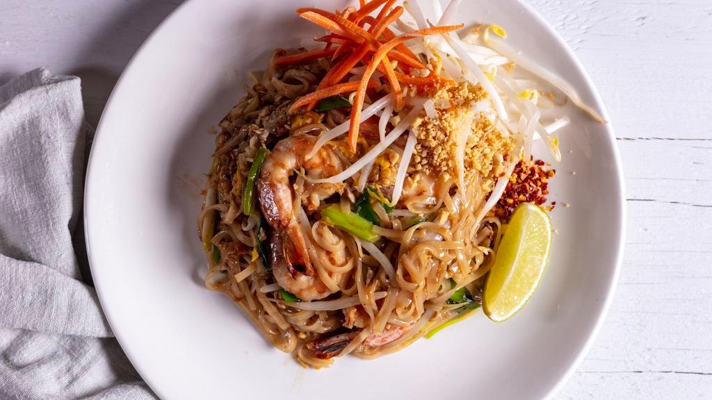Pad Thai · Stir fried rice noodles, egg, bean sprout, peanut, and scallion.