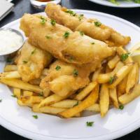 Fish N’ Chips · Crisp battered hand-cut cod fillets with seasoned fries and coleslaw. Served with tartar sau...