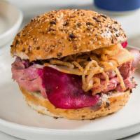 Roast Beef Sandwich · Roasted top round with Muenster cheese, crispy onions, horseradish mayo, and pickled beets.
