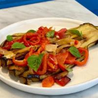 Roasted Eggplant · Half roasted Italian eggplant dressed with red wine vinaigrette. Topped with roasted sweet p...