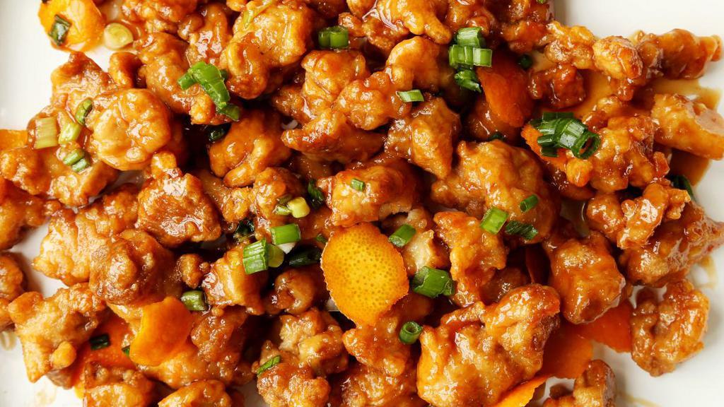 Chicken With Orange Flavor · Spicy. Chunks of chicken with hot pepper sauce, with a touch of mandarin orange peel flavor.