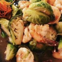 Pad Kanang Goong · (Shrimp with Brussel sprouts) stirred fried shrimp with organic brussels sprout in garlic ch...