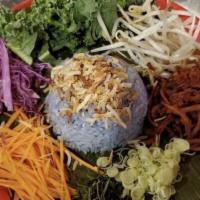 Rainbow Rice Salad · Blue rice, kale, quinoa, grapefruit, cabbage, carrot, lime leaves, chicken floss with Chef N...