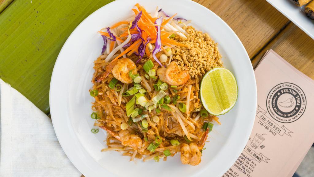 Pad Thai · Choice of protein. Stir-fried rice noodles, with egg, scallions, bean sprouts and roasted peanuts.