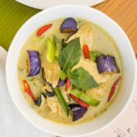 Green Curry · Choice of protein, green peas, eggplant, bell pepper and basil in green curry. (Spicy) Serve...