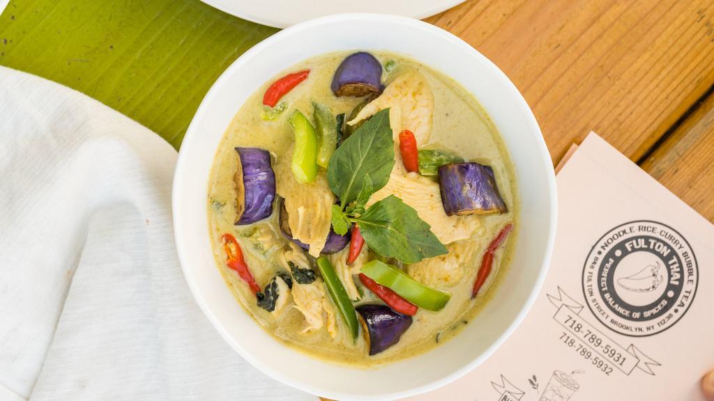 Green Curry · Choice of protein, green peas, eggplant, bell pepper and basil in green curry. (Spicy) Served with rice.