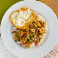 Kar Paw And Eggs · Stir-fried chicken and shrimps, bell peppers, and basil topped with 2 fried eggs. Served ove...