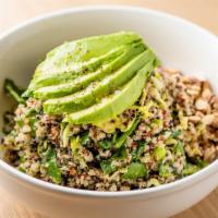 Quinoa Bowl · Brussels sprouts, avocado, spinach, edamame, almond, cilantro, and mint.