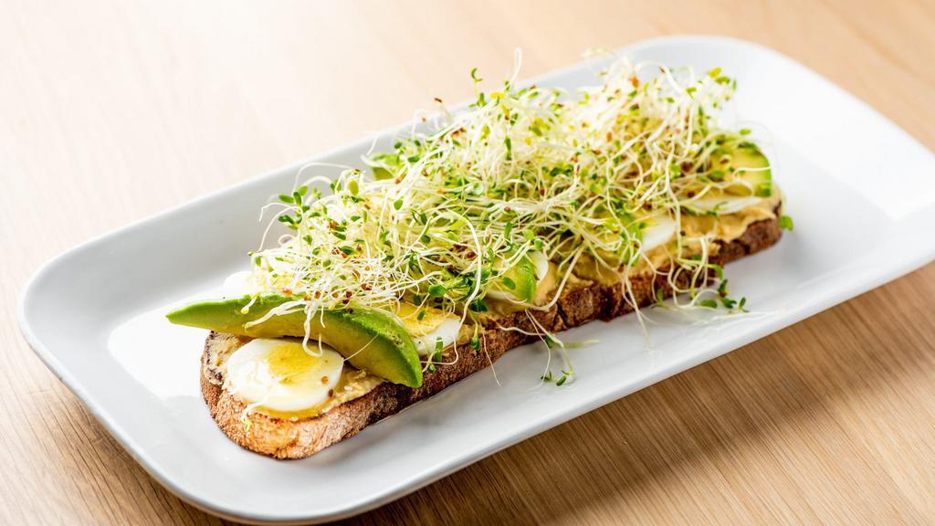 Hummus & Avocado Tartine · Hard-boiled egg and sprouts on sourdough.