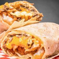 Short Rib Breakfast Burrito · Flour tortilla filled with scrambled eggs, tater tots, short ribs, grilled onions and chedda...