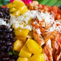 Mango Salad · Fresh salad greens w/ tomato vinaigrette, black beans, rice, cheese, tomatoes & mango salsa