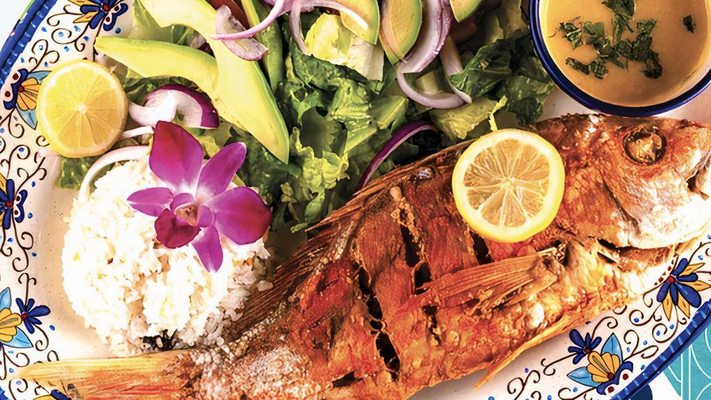 Red Snapper (New) · A Whole Red Snapper, Fried & Served With Apple Mango Salad, Garlic Sauce & White Rice On The Side.
